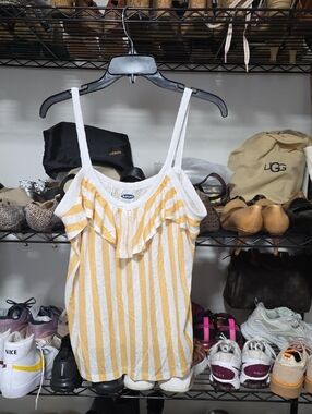Old Navy White and Yellow Striped Ruffle Tank